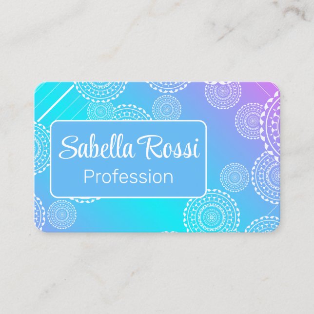 White Mandala på Aqua Rosa Blended Rainbow Blue Visitkort (Framsida)