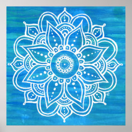 White Mandala Watercolor Blue Grönt Vinkarare Poster