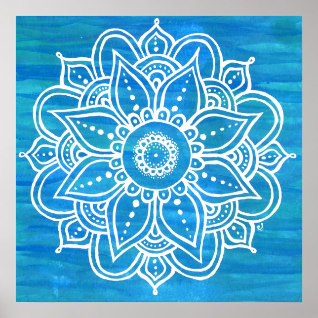White Mandala Watercolor Blue Grönt Vinkarare Poster (Framsidan)