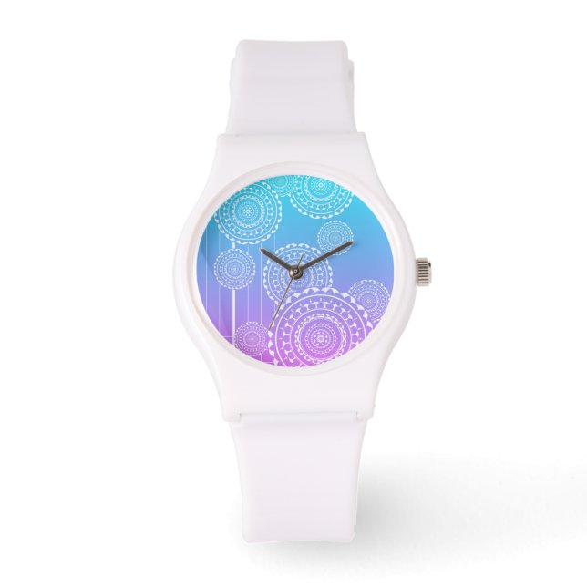 White Mandalas on Aqua Rosa Blended Rainbow Armbandsur (Framsida)