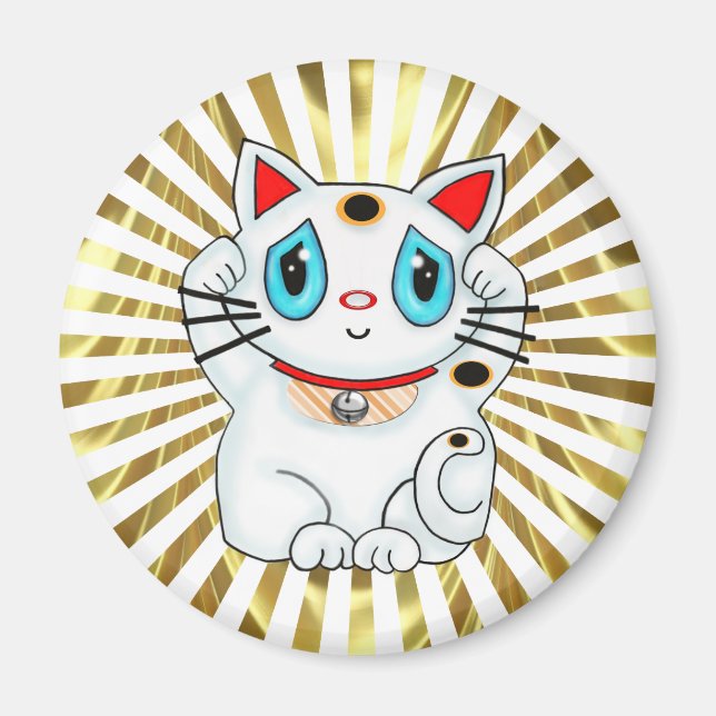 White Maneki Neko Beckoning Lycka till Cat Magnet (Framsidan)