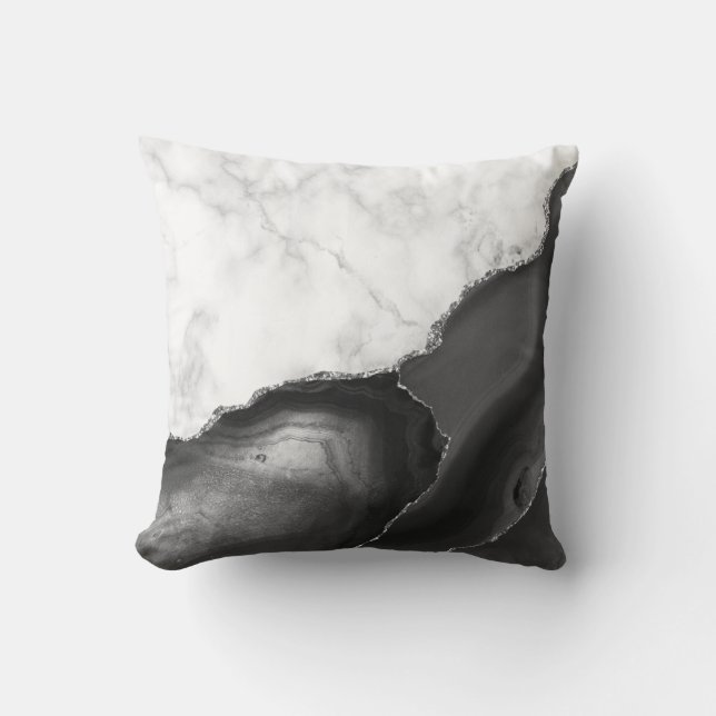 White Marble Black Agate Silver Glitter Kudde (Framsida)