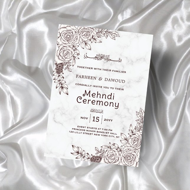 White Marble Blommigt Snöre Islamic Mehndi Ceremon Inbjudningar (Skapare uppladdad)