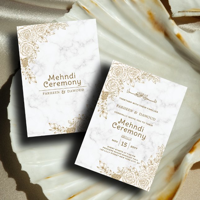 White Marble Blommigt Snöre Islamic Mehndi Inbjudningar (Skapare uppladdad)