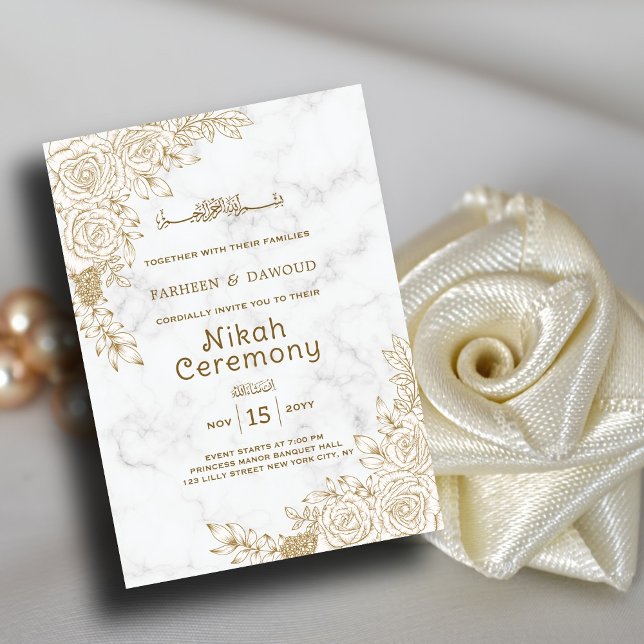 White Marble Blommigt Snöre Islamic Muslim Nikah W Inbjudningar (Skapare uppladdad)