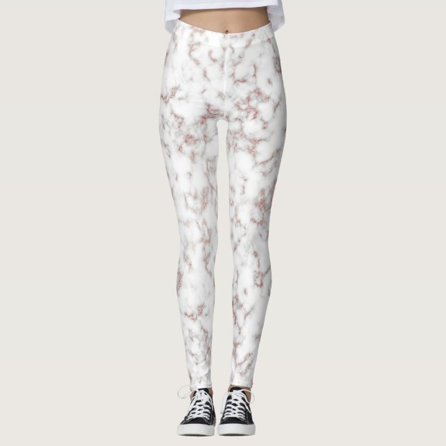 White Marble Carrara Ro Guld Glitter Struktur Leggings (Framsida)