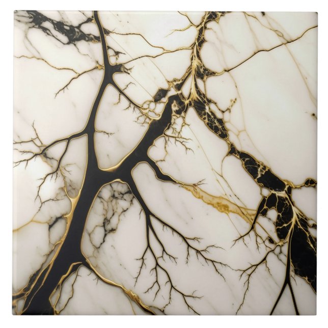White Marble Ceramic Tile Black and Guld Veins Kakelplatta (Framsidan)
