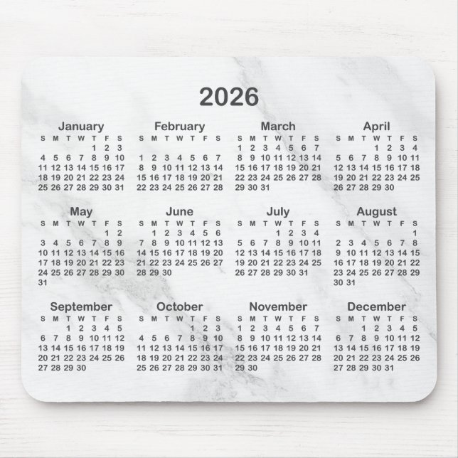White Marble Dark Grey 2026 Calendar Musmatta (Framsidan)