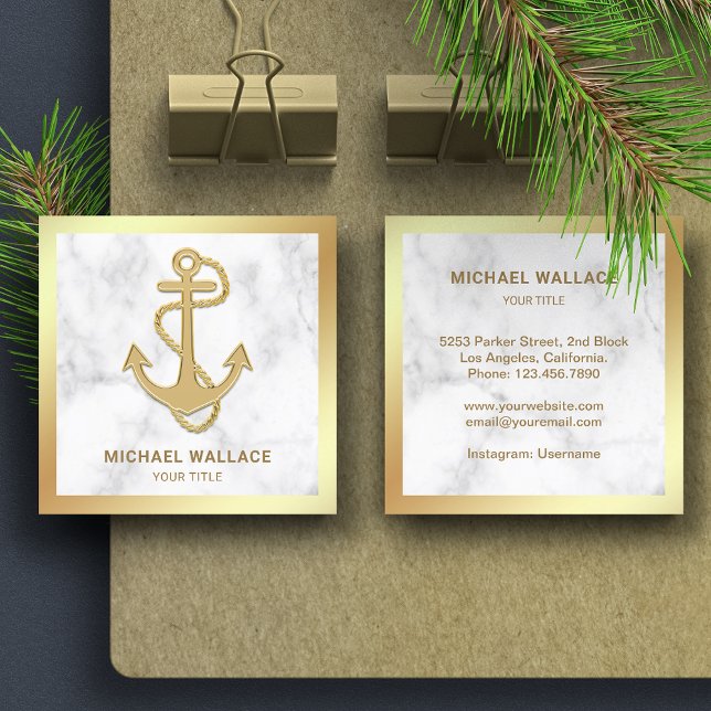 White Marble Faux Gold Foil Nautical Rope Anchor Fyrkantigt Visitkort (Skapare uppladdad)