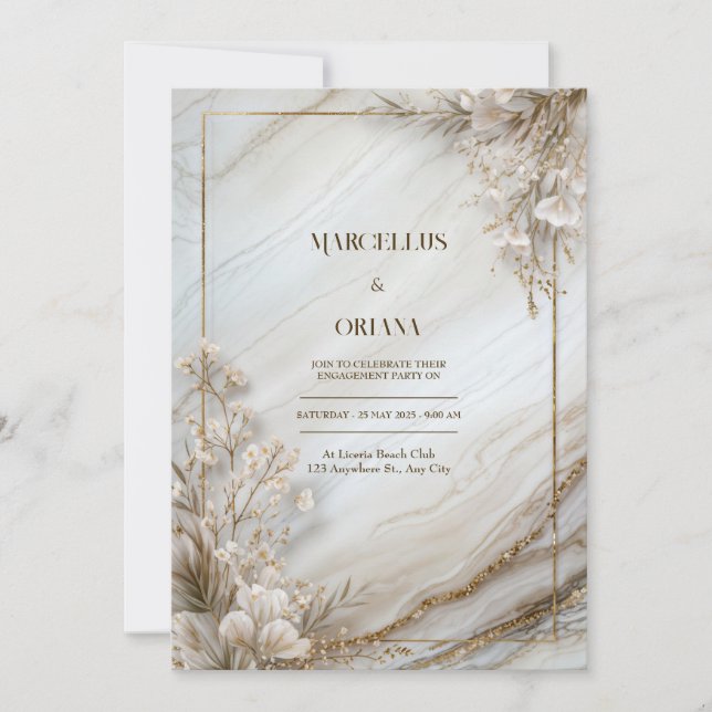White Marble Gilded Botanical Wedding Inbjudningar (Framsida)