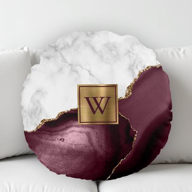 White Marble Gilded Burgundy Agate Monogram Rund Kudde (Skapare uppladdad)