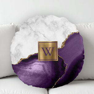 White Marble Gilded Lila Agate Monogram Rund Kudde