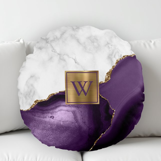 White Marble Gilded Lila Agate Monogram Rund Kudde (Skapare uppladdad)