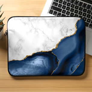 White Marble Gilded Navy Blue Agate Laptop Fodral
