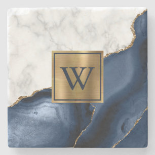 White Marble Gilded Navy Blue Agate Monogram Stenunderlägg