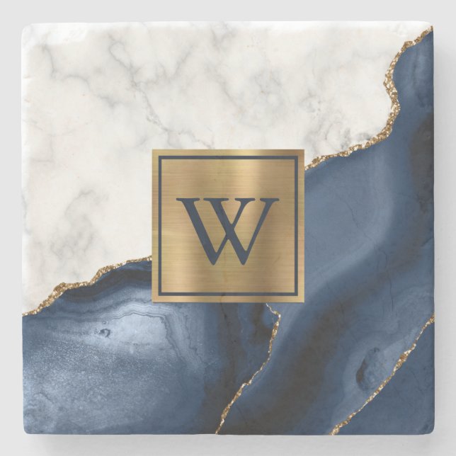 White Marble Gilded Navy Blue Agate Monogram Stenunderlägg (Framsidan)