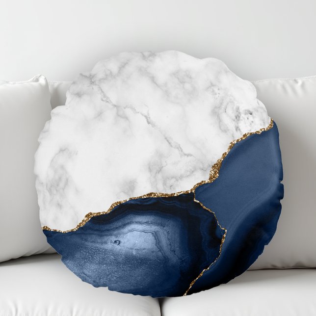 White Marble Gilded Navy Blue Agate Rund Kudde (Skapare uppladdad)