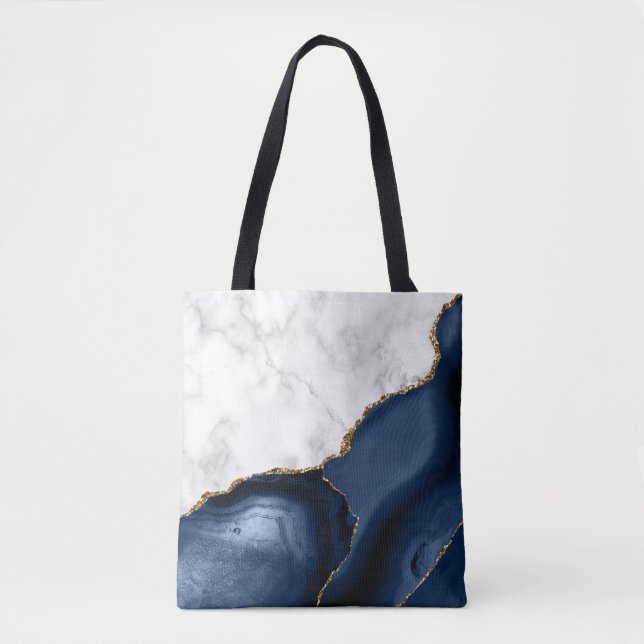 White Marble Gilded Navy Blue Agate Tygkasse (Framsida)