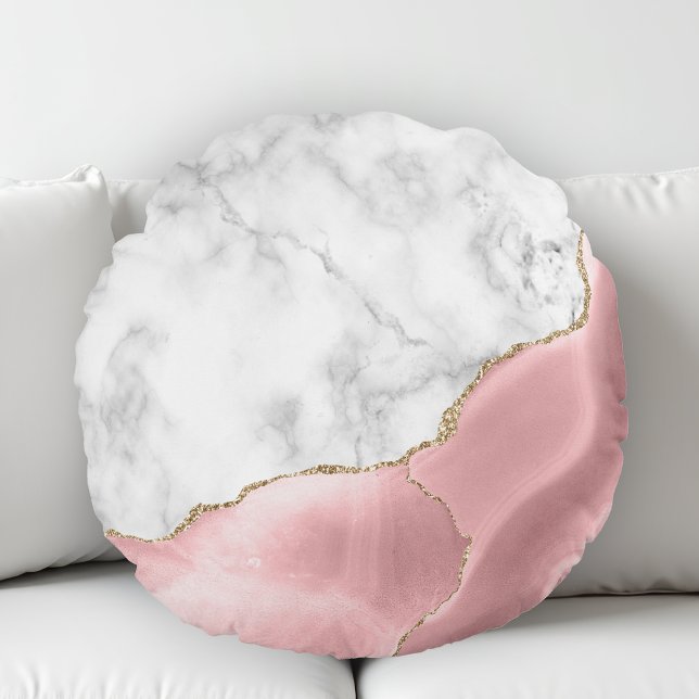 White Marble Gilded  Rosa Agate Rund Kudde (Skapare uppladdad)
