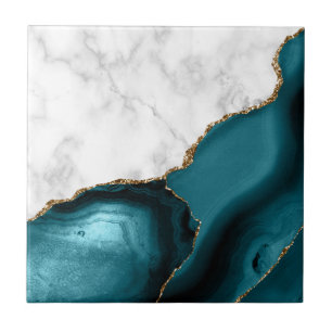 White Marble Gilded Teal Agate Kakelplatta