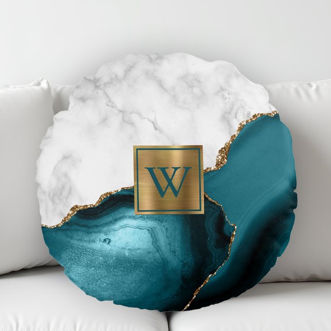 White Marble Gilded Teal Agate Monogram Rund Kudde (Skapare uppladdad)