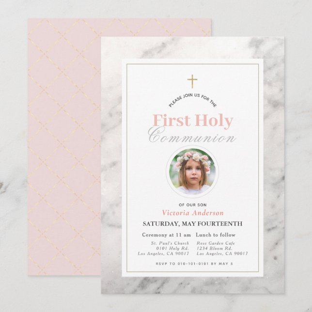White Marble Girl Photo First Heliga Communion Inbjudningar (Fram/baksida)