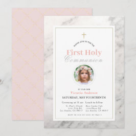 White Marble Girl Photo First Heliga Communion Inbjudningar