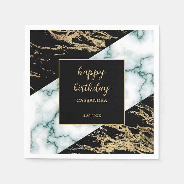 White Marble Gold Foil Paint Texture Birthday Pappersservett (Framsidan)