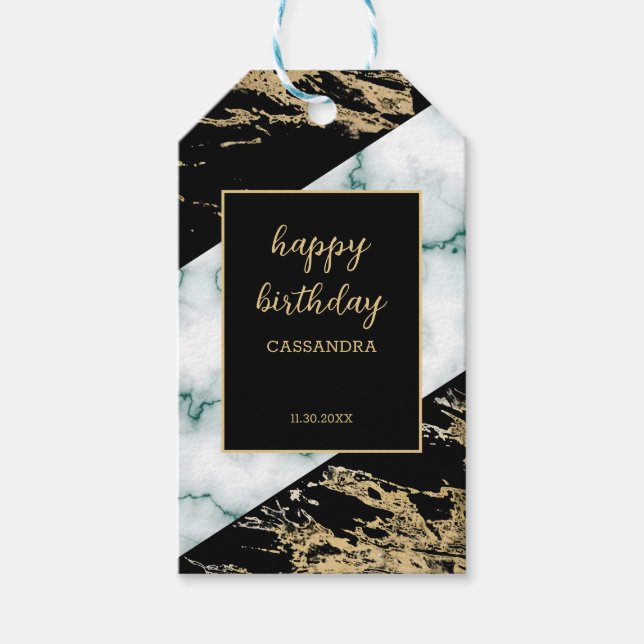 White Marble Gold Foil Paint Texture Birthday Presentetikett (Framsidan)