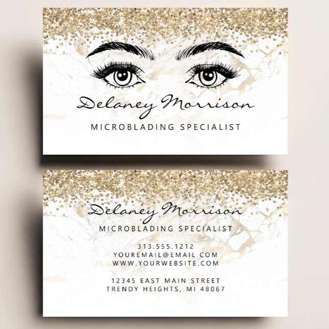 White Marble Gold Glitter Eyes Microblading Visitkort (Skapare uppladdad)