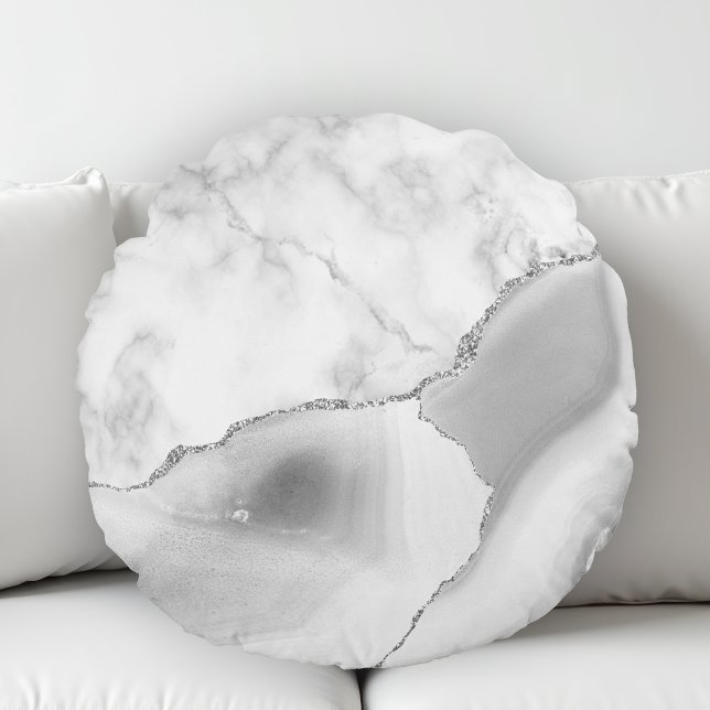 White Marble Grått Agate Silver Glitter Rund Kudde (Skapare uppladdad)