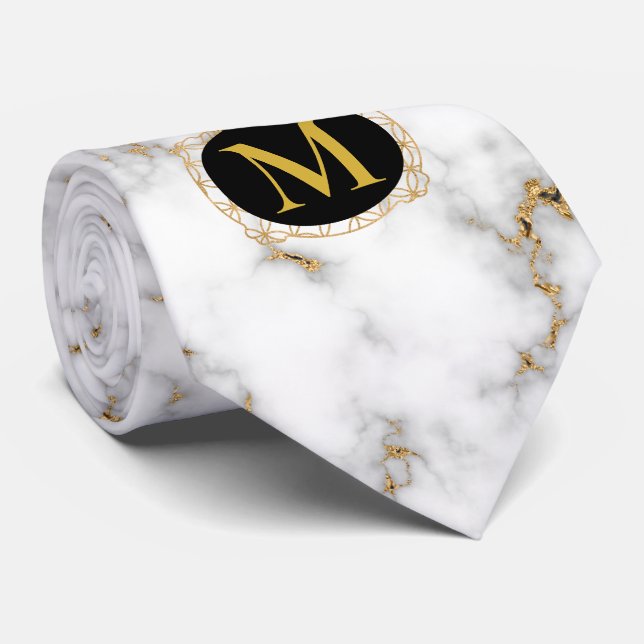 White Marble Grått & Guld Veining Monogram Bröllop Slips (Rullad)