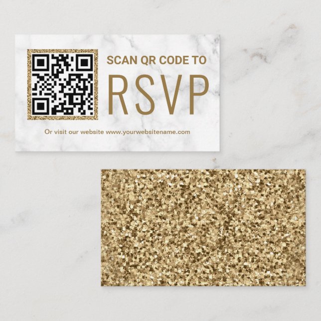 White Marble Guld QR Code OSA Bröllop webbplats Tilläggskort (Fram/baksida)