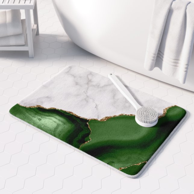 White Marble Hunter Grönt Agate Guld Glitter Badrumsmatta (Skapare uppladdad)