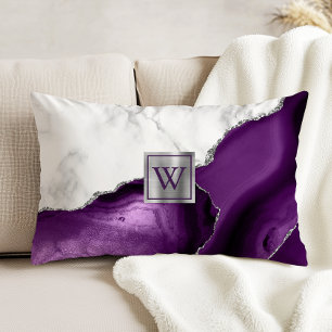 White Marble Lila Agate Silver Monogram Prydnadskudde