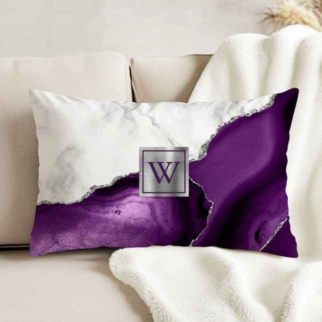 White Marble Lila Agate Silver Monogram Prydnadskudde (Skapare uppladdad)