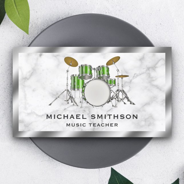 White Marble Metallic Grönt Drum Kit Drummer Visitkort (Skapare uppladdad)