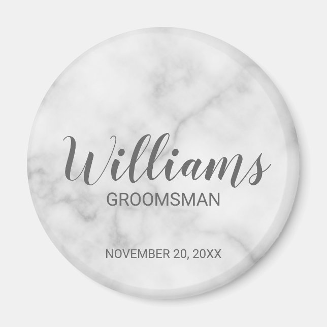 White Marble Modern Script Personlig Groomsman Magnet (Framsidan)