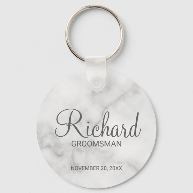 White Marble Modern Script Personlig Groomsman Nyckelring (Framsida)