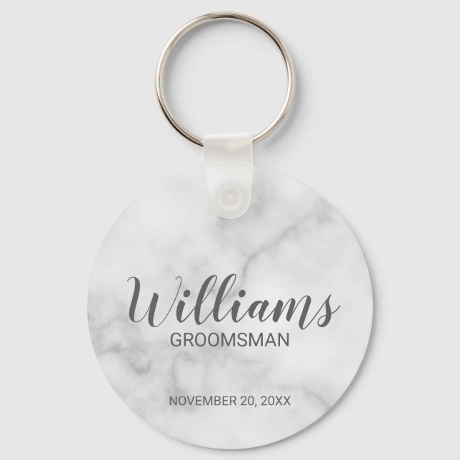White Marble Modern Script Personlig Groomsman Nyckelring (Framsida)