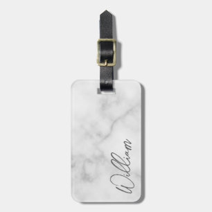 White Marble Modern Script Personlig Namn Bagagebricka