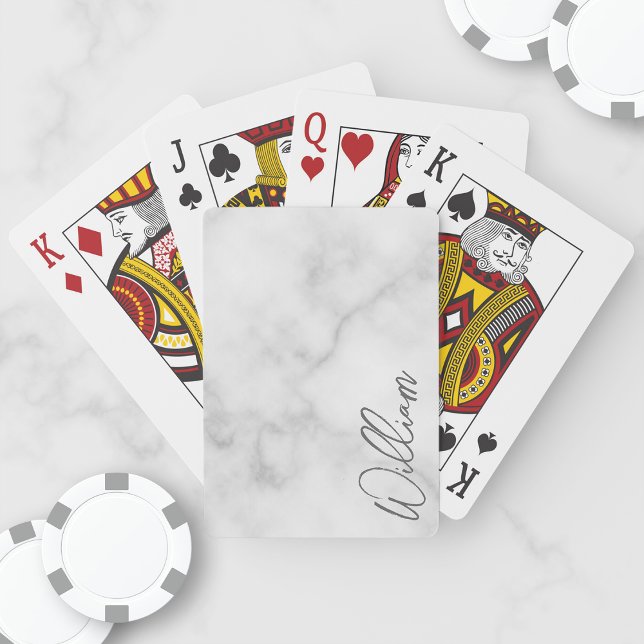 White Marble Modern Script Personlig Namn Casinokort (Skapare uppladdad)