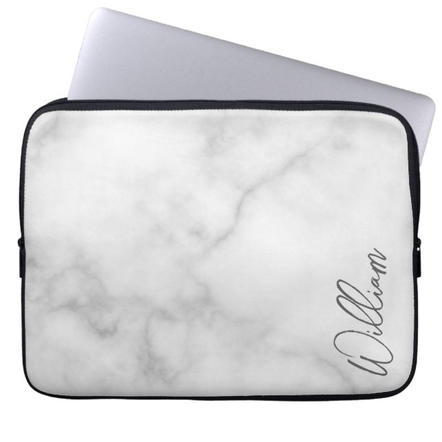 White Marble Modern Script Personlig Namn Laptop Fodral (Framsidan)