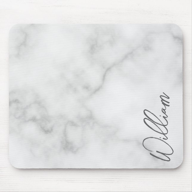 White Marble Modern Script Personlig Namn Musmatta (Framsidan)