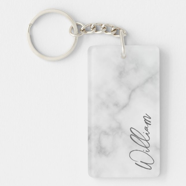 White Marble Modern Script Personlig Namn Nyckelring (Framsidan)