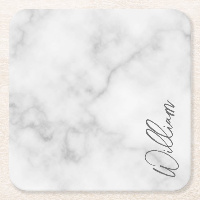 White Marble Modern Script Personlig Namn Underlägg Papper Kvadrat (Framsidan)