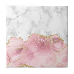 White Marble Pastel Rosa Agate Guld Glitter  Kakelplatta