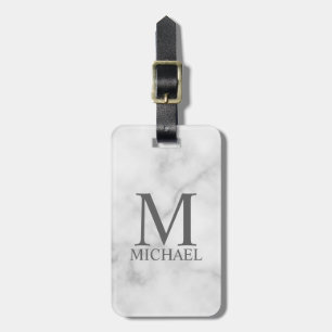White Marble Personlig Monogram och Namn Bagagebricka