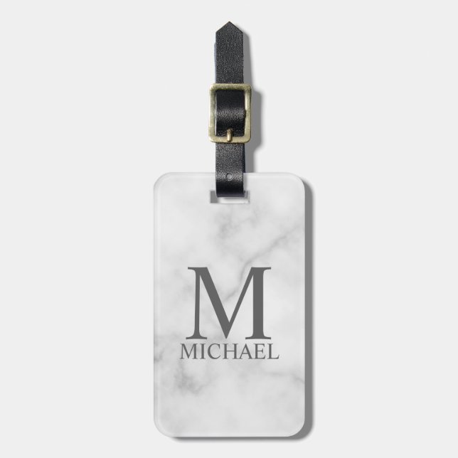 White Marble Personlig Monogram och Namn Bagagebricka (Vertikal Framsida)
