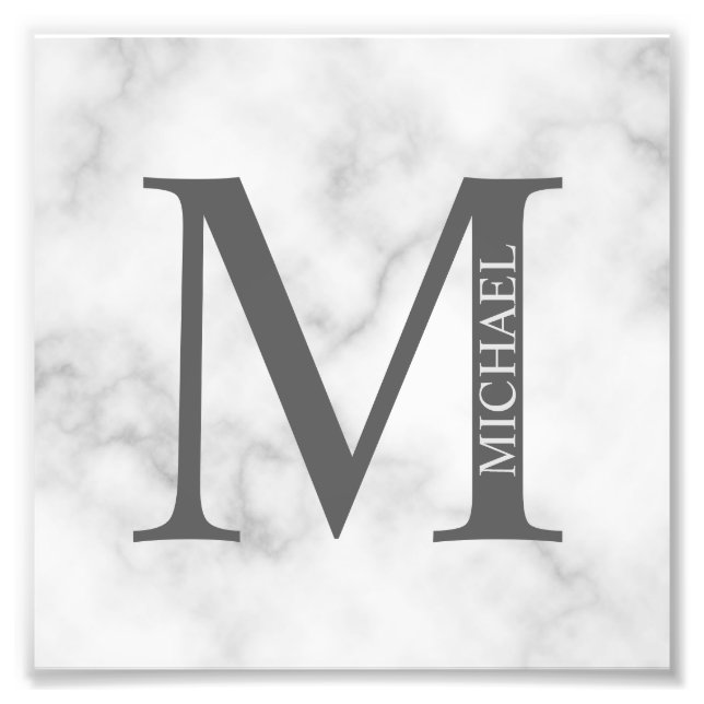 White Marble Personlig Monogram och Namn Fototryck (Framsidan)